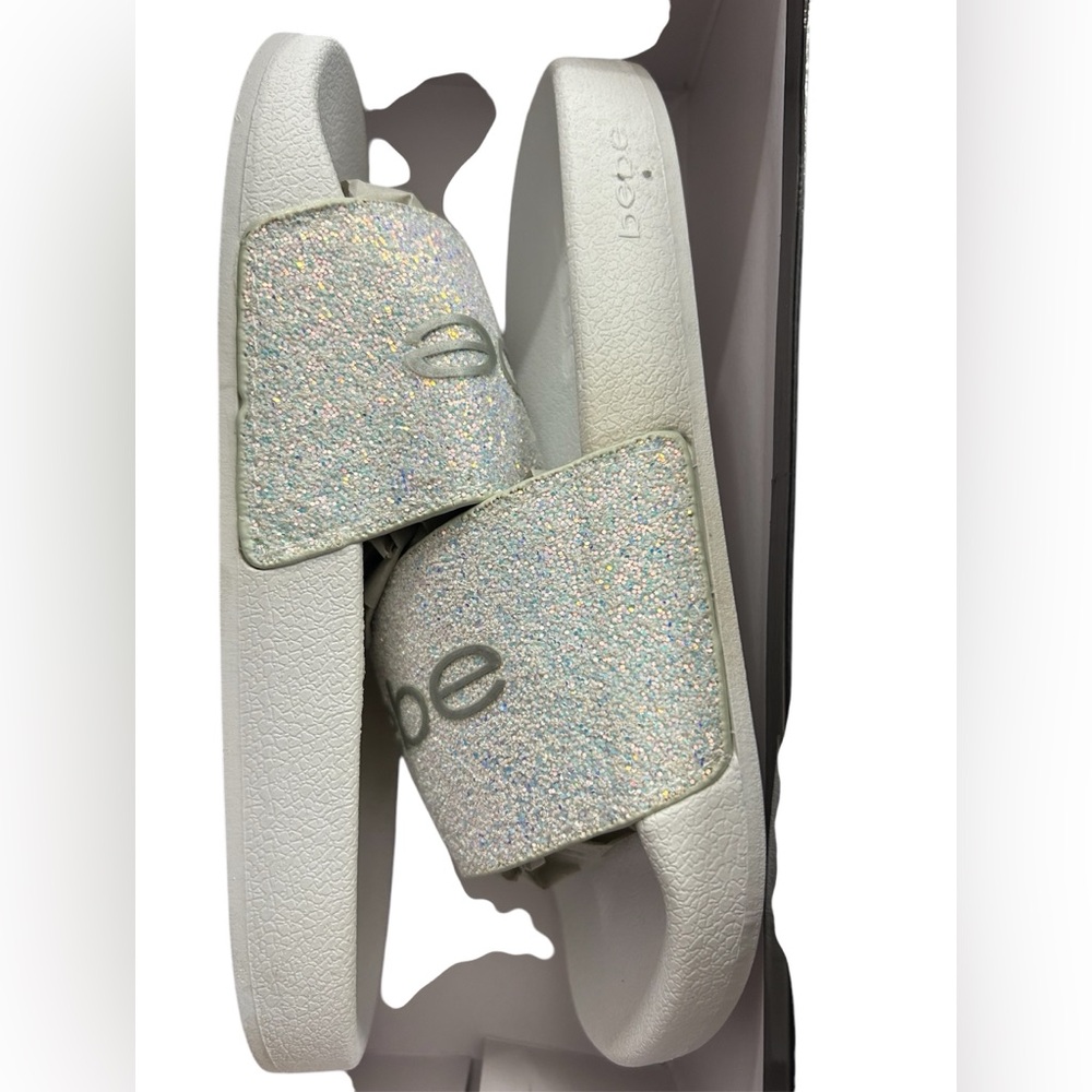 Bebe Fraida Slide Sandals White Sparkle Glitter Slides Size 6M New in Box - Picture 4 of 6